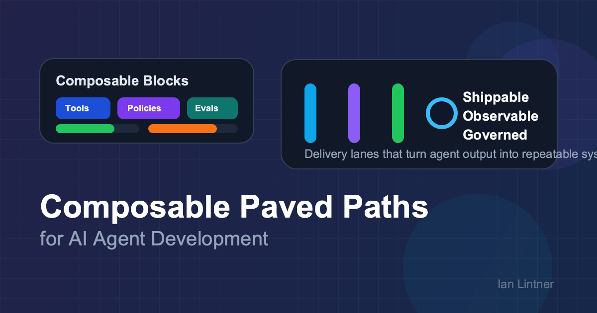 Composable paved paths for AI agent development shown as modular building blocks flowing through delivery, observability, and governance lanes